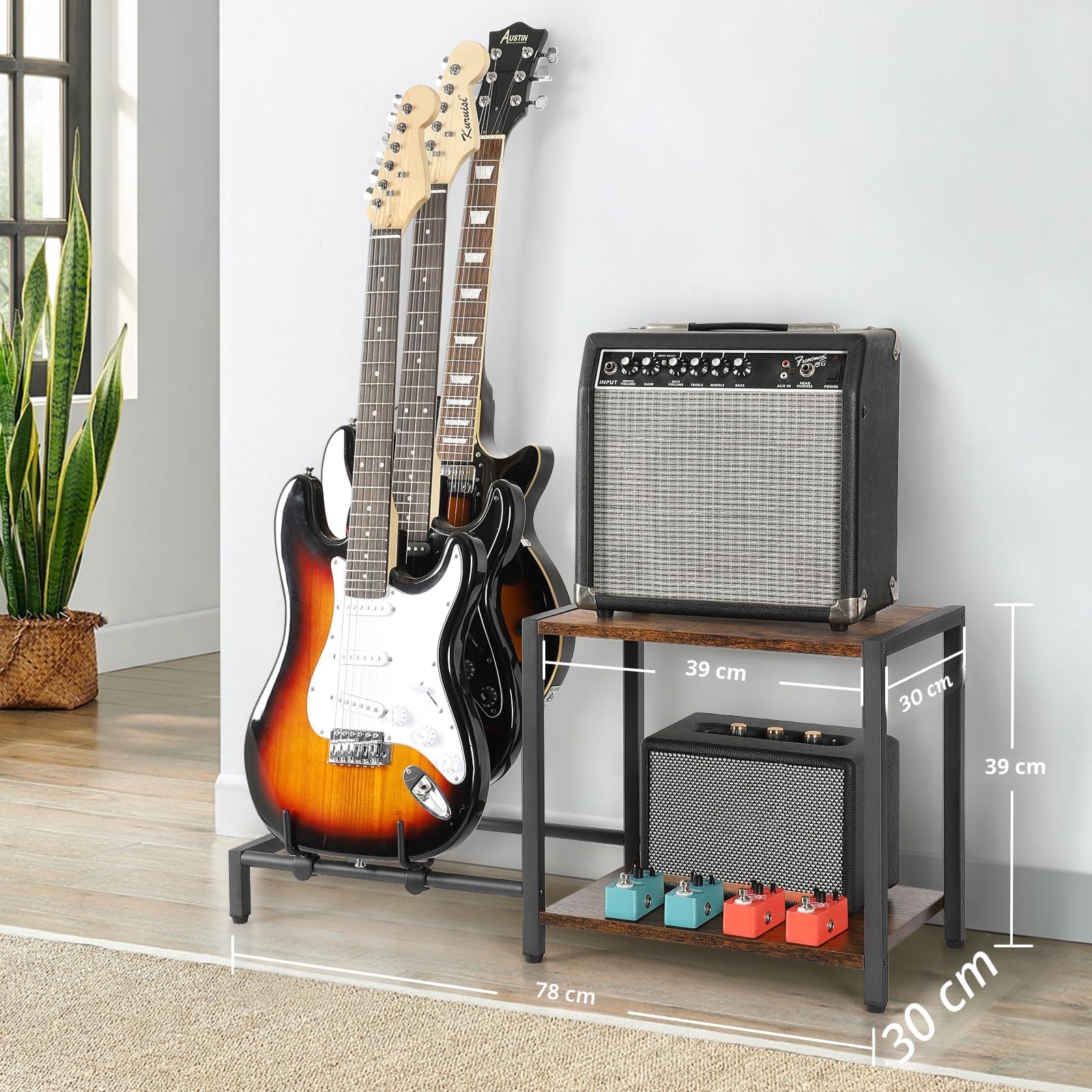 Bikoney Supporto per Chitarra a 3 Posti con Ripiano per Amplificatore, Supporto Regolabile per Chitarre Elettriche e Basso, Rack per più Chitarre e Accessori Musicali per Casa o Studio