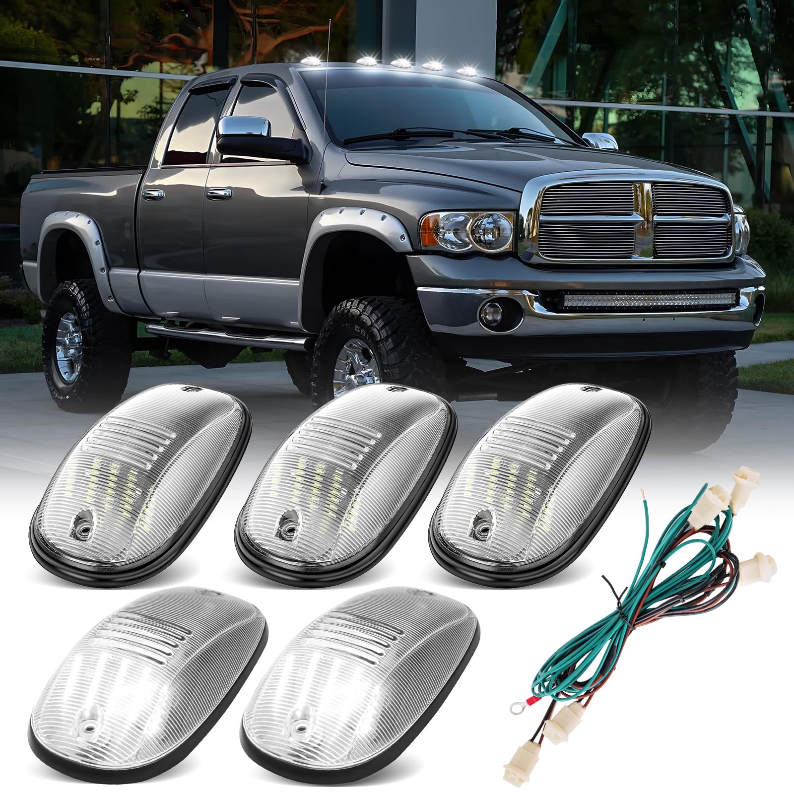 Mynoway White LED Cab Roof Lights Fit For 2003-2018 Ram 1500 2500 3500 4500 5500 Roof Cab Clearance Lamps Kit with wiring harness,Clear lens(Can be installed on cars without Cab Roof lights)