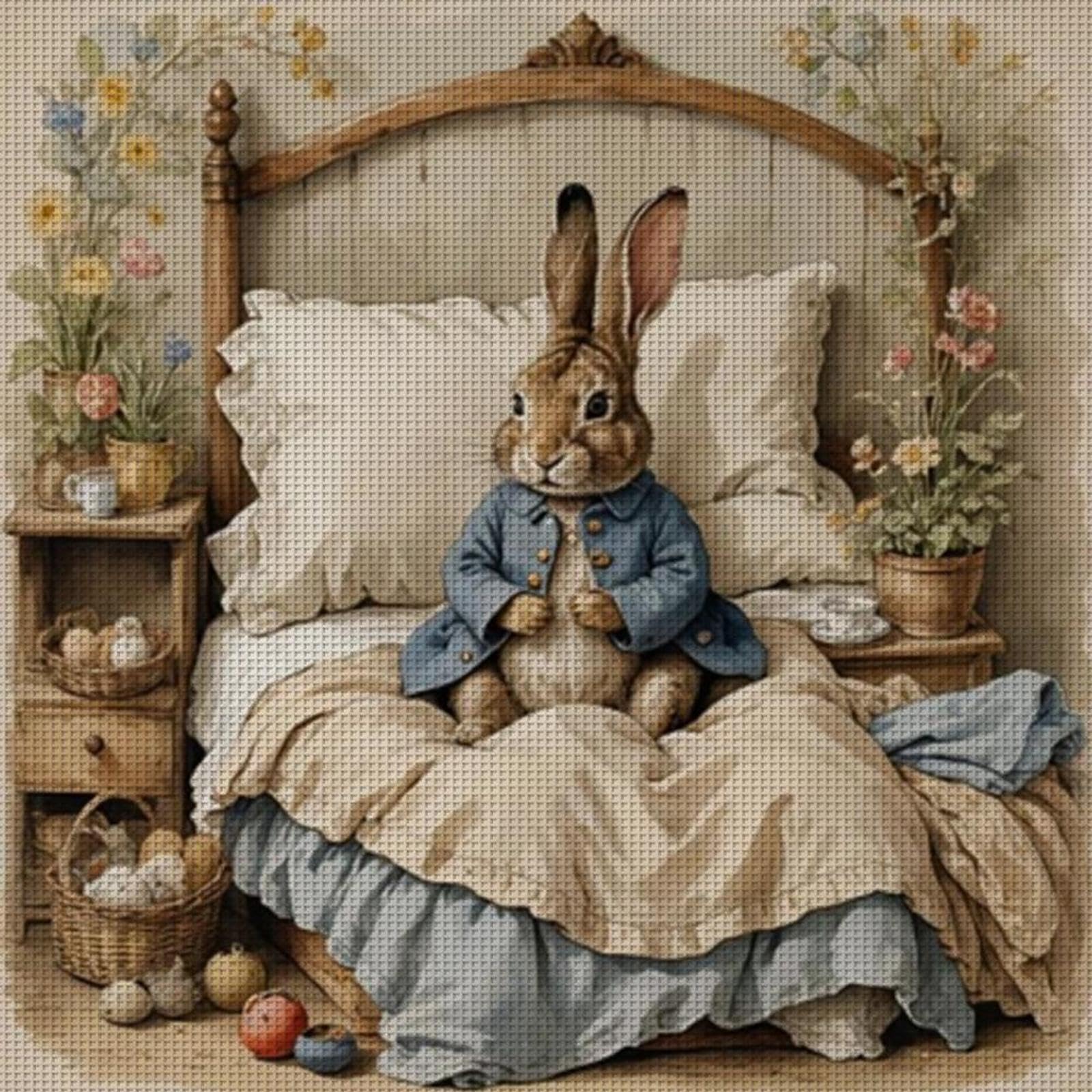 Easter Rabbit in Bed 11CT Stamped Cross Stitch Kits for Adults - Needlepoint Kits for Beginners, Embroidery Ornament Kit for Home Decor & Gifts(40 * 40cm)