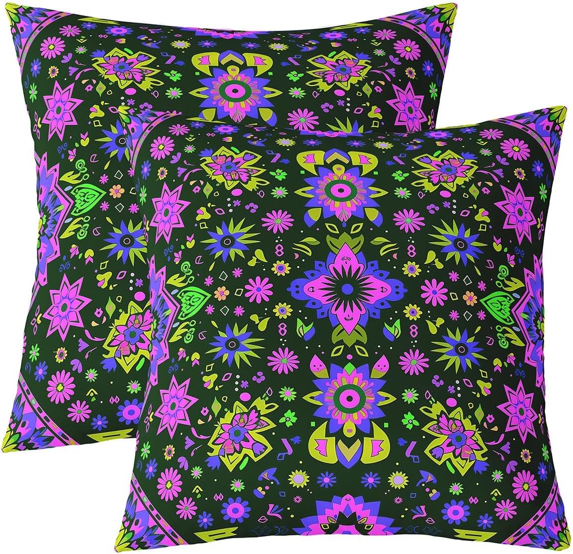 Homewish Boho Floral Pillow Covers 24x24 Inch Set of 2 Purple Pink Groovy Daisy Hippie Cushion Cases for Kids Teens Adults Cartoon Retro Floral Exotic Ethnic Cushion Covers for Living Room Couch