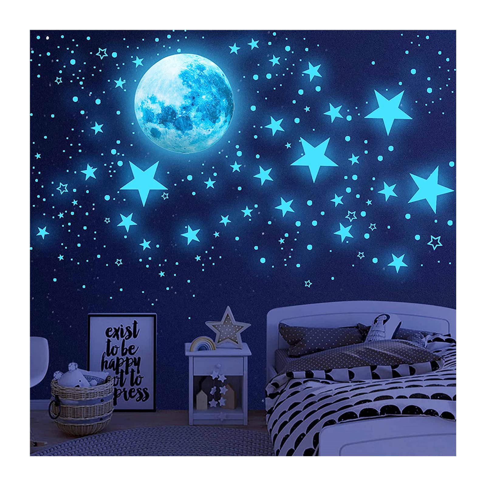 happykau 夜光シール（1049点セット） 蓄光星+月+流星 光るシール 光るウォールステッカー 星シール 蓄光シール きらきら 光るシール窓ステッカー 星空 きらきら 部屋飾り雰囲気満点 部屋におしゃれ 天丼 部屋 装飾品 子供部屋用 (青)