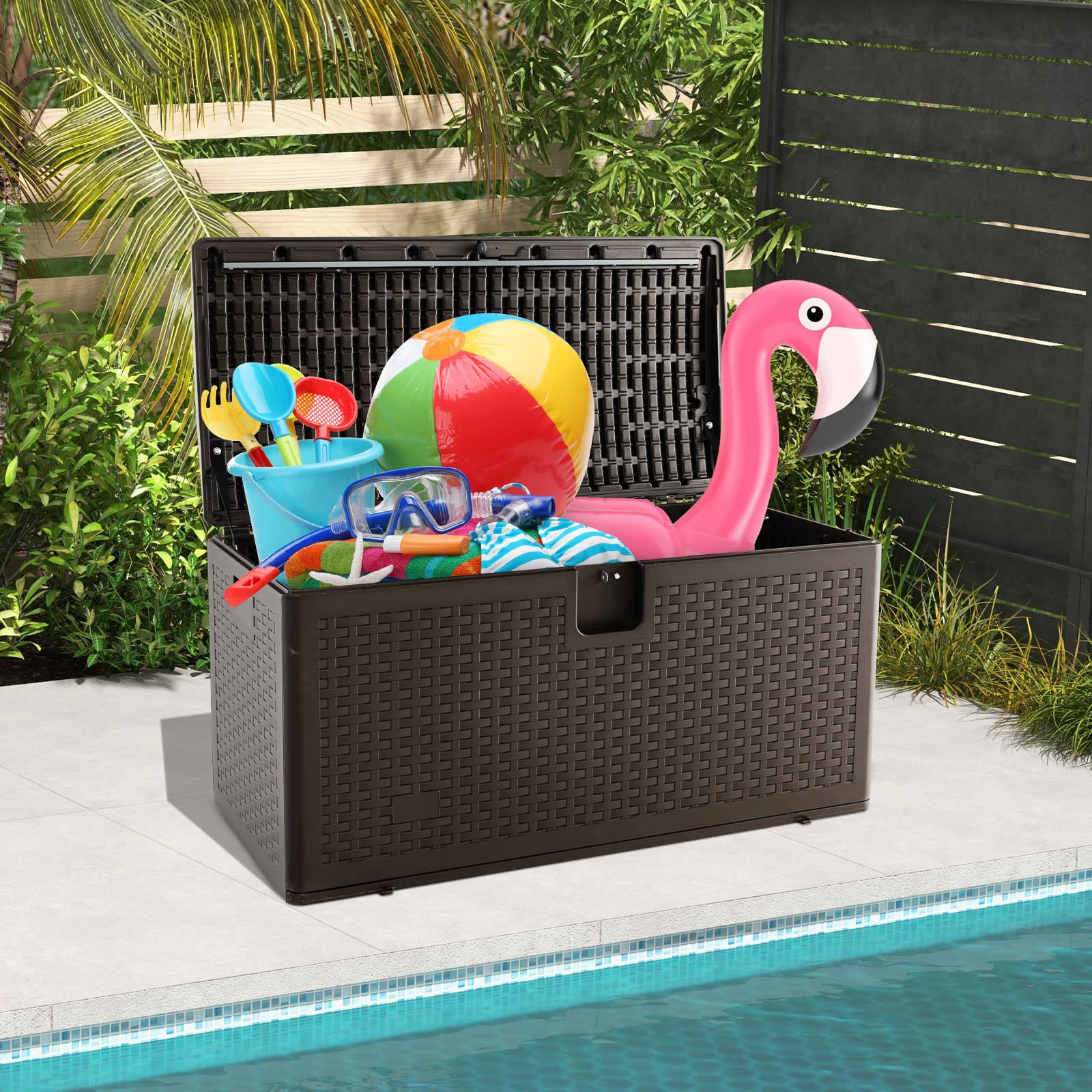 GIANTEX Cassapanca Per Esterni in Metallo e PE Rattan, Contenitore Impermeabile da 276 L, con Chiusura a Chiave, 114 x 54 x 56 cm, Marrone