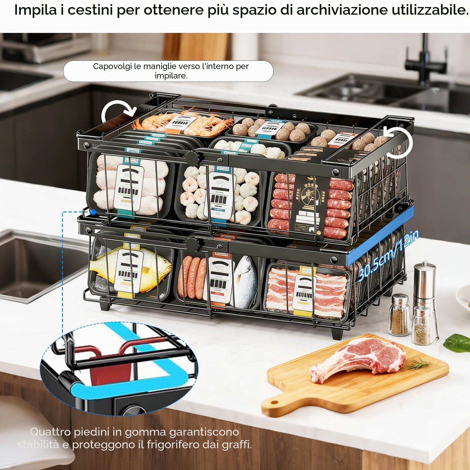 2 Pezzi Cestini Congelatore Espandibili, Organizzatore per Congelatore Impilabili con Maniglia, Cestini Congelatores in Metallo per 140L a 570L Congelatores, Organizzare Gli Ingredienti Congelati