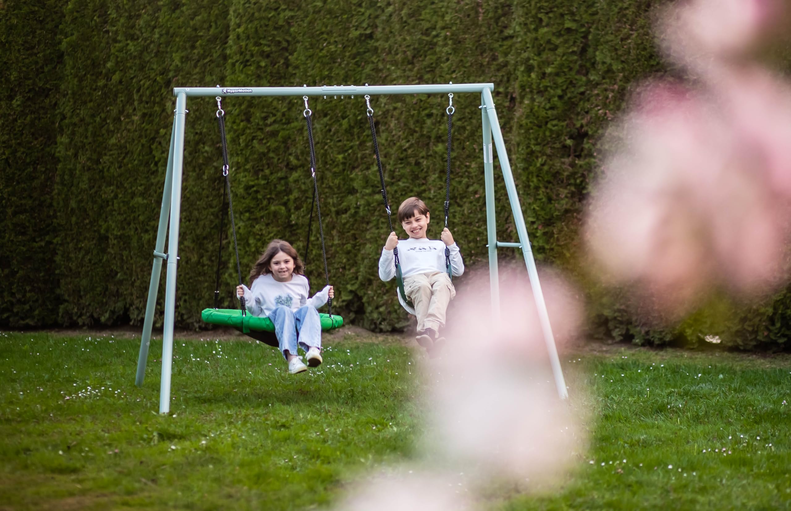 HyperMotion Columpio Infantil Doble para Jardín Exterior - Asiento y Nido de Cigüeña Ajustable con Estructura en A - para 2-3 Niños, Carga 200kg, Resistente UV