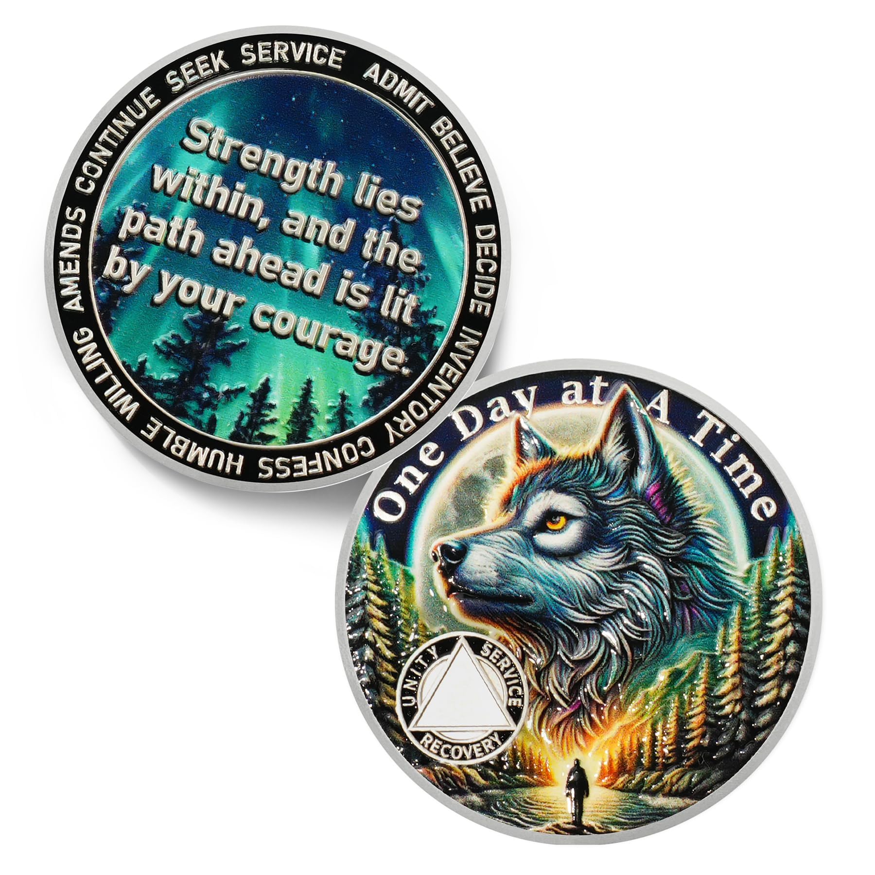one day at a time sobriety coin - recovery aurora forest wolf aa coins - addiction na aa chips and medallions - celebrate 1-65 sober living clean narcotics alcoholics anonymous gifts for men women