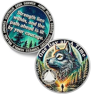 One Day at a Time Sobriety Coin - Recovery Aurora Forest Wolf AA Coins - Addiction NA AA Chips and Medallions - Celebrate 1-65 Sober Living Clean Narcotics Alcoholics Anonymous Gifts for Men Women