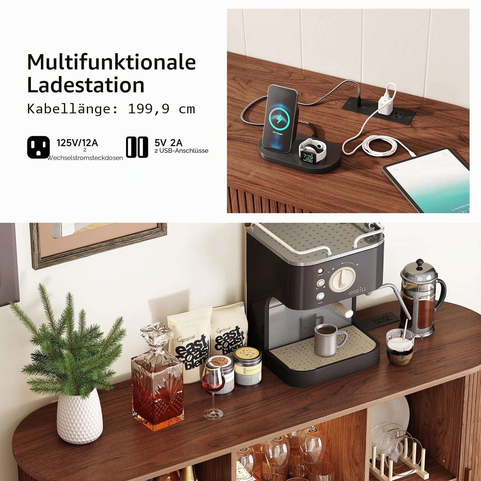 ONBRILL 140 cm Weinbar-Schrank mit LED-Licht, moderne Whiskey-Kaffeestation mit Weinregal und Glashalter, Bauernhaus-Buffet-Sideboard mit Stauraum für Wohnzimmer, Küche, Eingangsbereich (Walnuss)