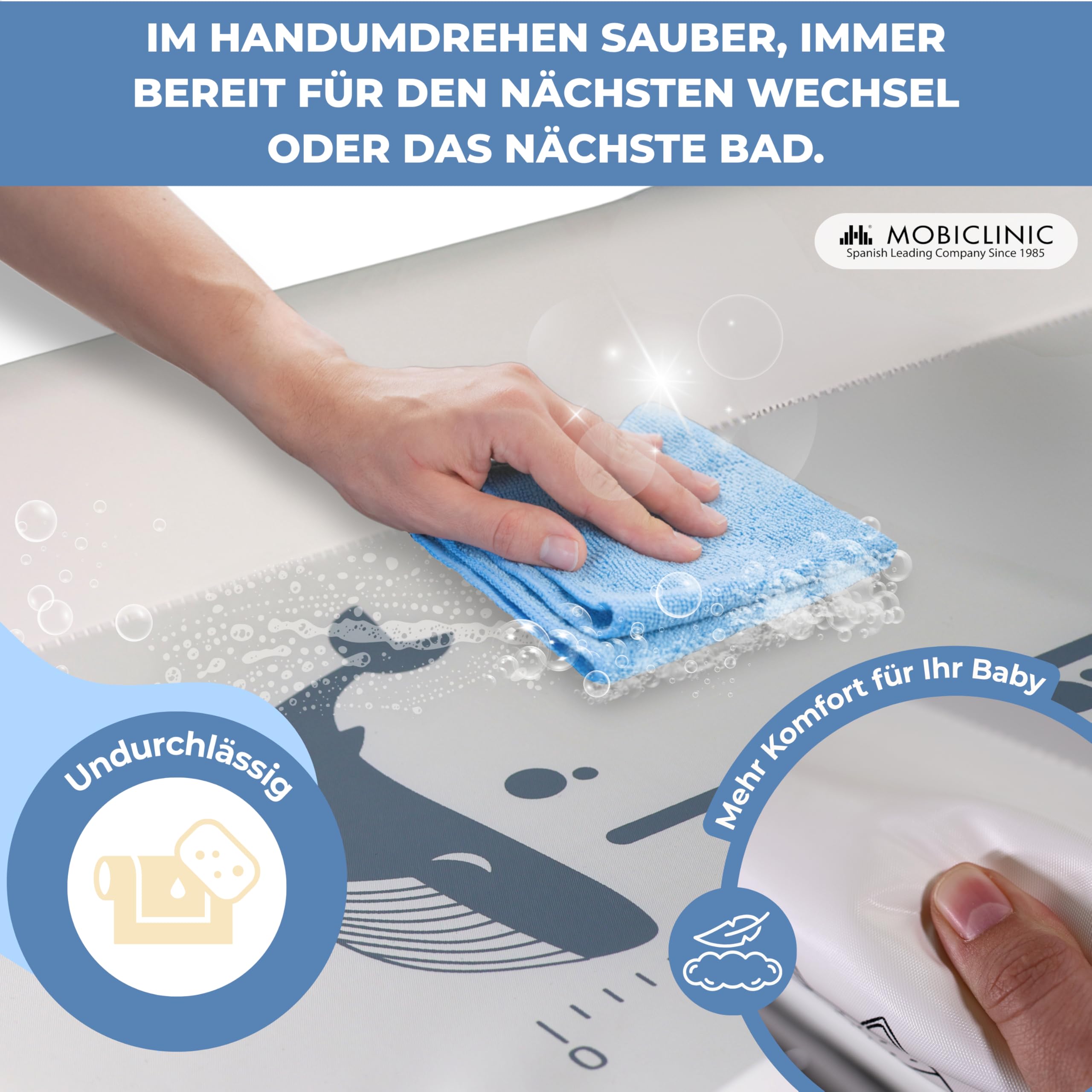 Mobiclinic® 2 in 1 Wickeltisch mit Badewanne, 4-fach höhenverstellbar, bis 50 kg, 0-36 Monate