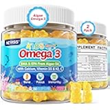 Kids Omega 3 Gummies + Calcium, Vitamin D3 & K2, C, Omega-3 DHA/EPA Gummies for Strong Bones, Focus & Memory, Immune Support, Kids Omega3 Supplement - No Fish Taste, Non-GMO, Chewable, Vegan, 2 Pack
