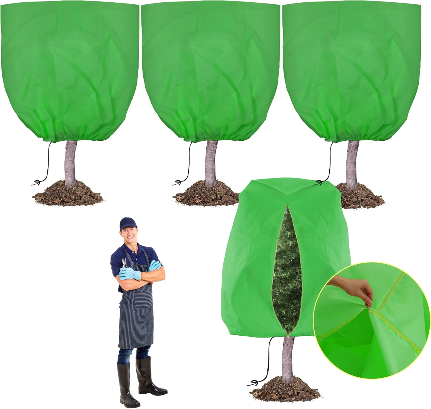 95x80 Inch Huge Plant Covers Freeze Protection Frost Cloth for Outdoor Plants,2.82oz/yd² Thickened Winter Tree Covers with Zipper Drawstring,4 Pack Frost Blanket from Wind,Pest and Animal 95“Hx86"W-4PCS-2.82oz/yd² Green