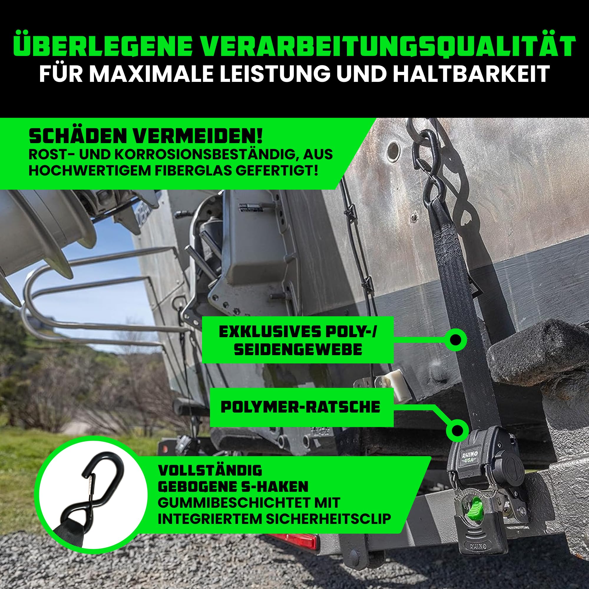 Rhino USA Einziehbare Bootsanhänger-Gurte (2er-Set) 5cm x 1,1m 1.300kg | 1.300kg Boots-Spanngurte für Anhänger. Robuster Edelstahl, Einziehbar & Salzwasserbeständig für Salzwasser-Einsatz.