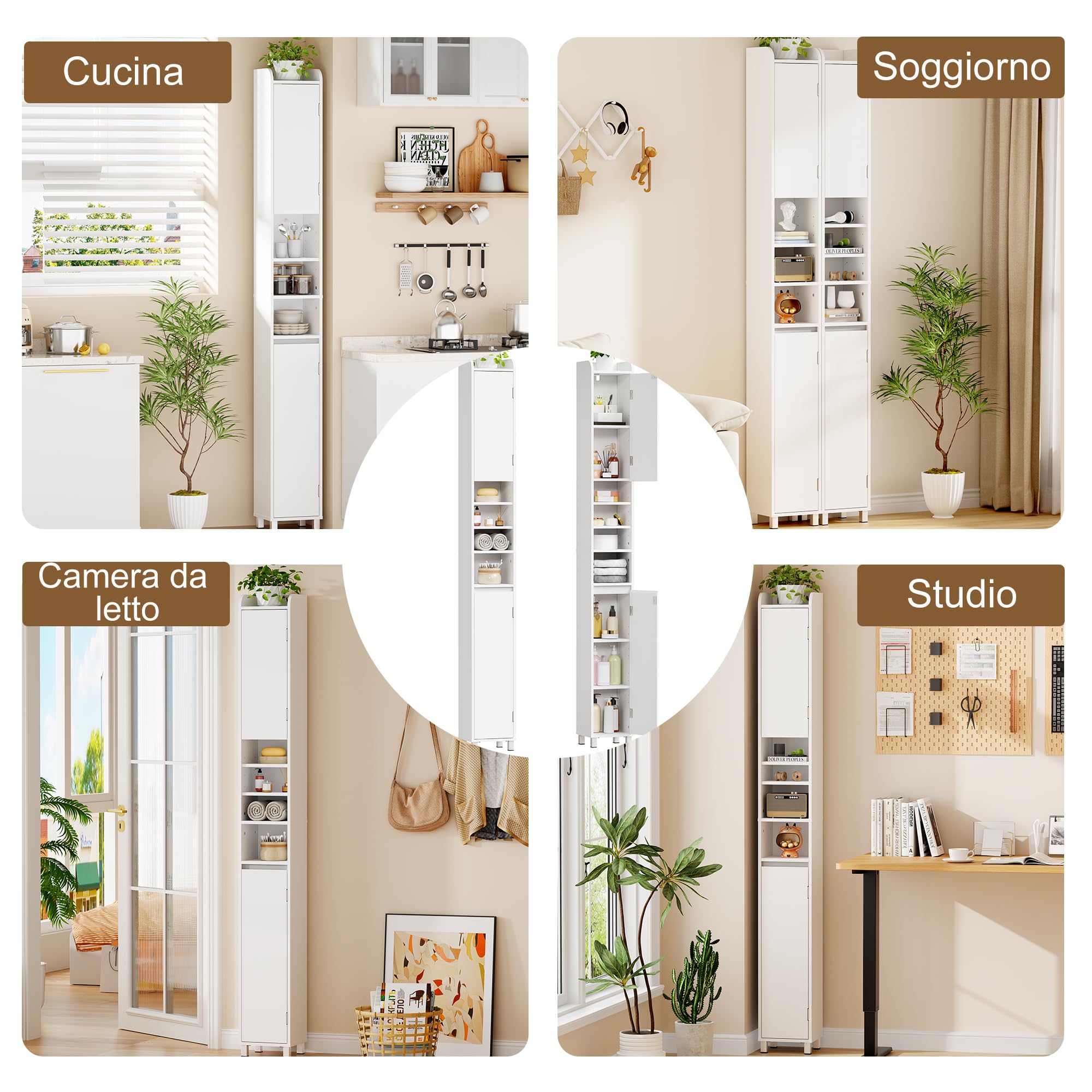 BEWISHOME Mobile Bagno Alto Stretto Mobiletto Bagno Salvaspazio 20x20x180cm | Mobiletto con Ripiani Aperti Cassetto e Ripiano Regolabile Armadietto per Piccoli larghi