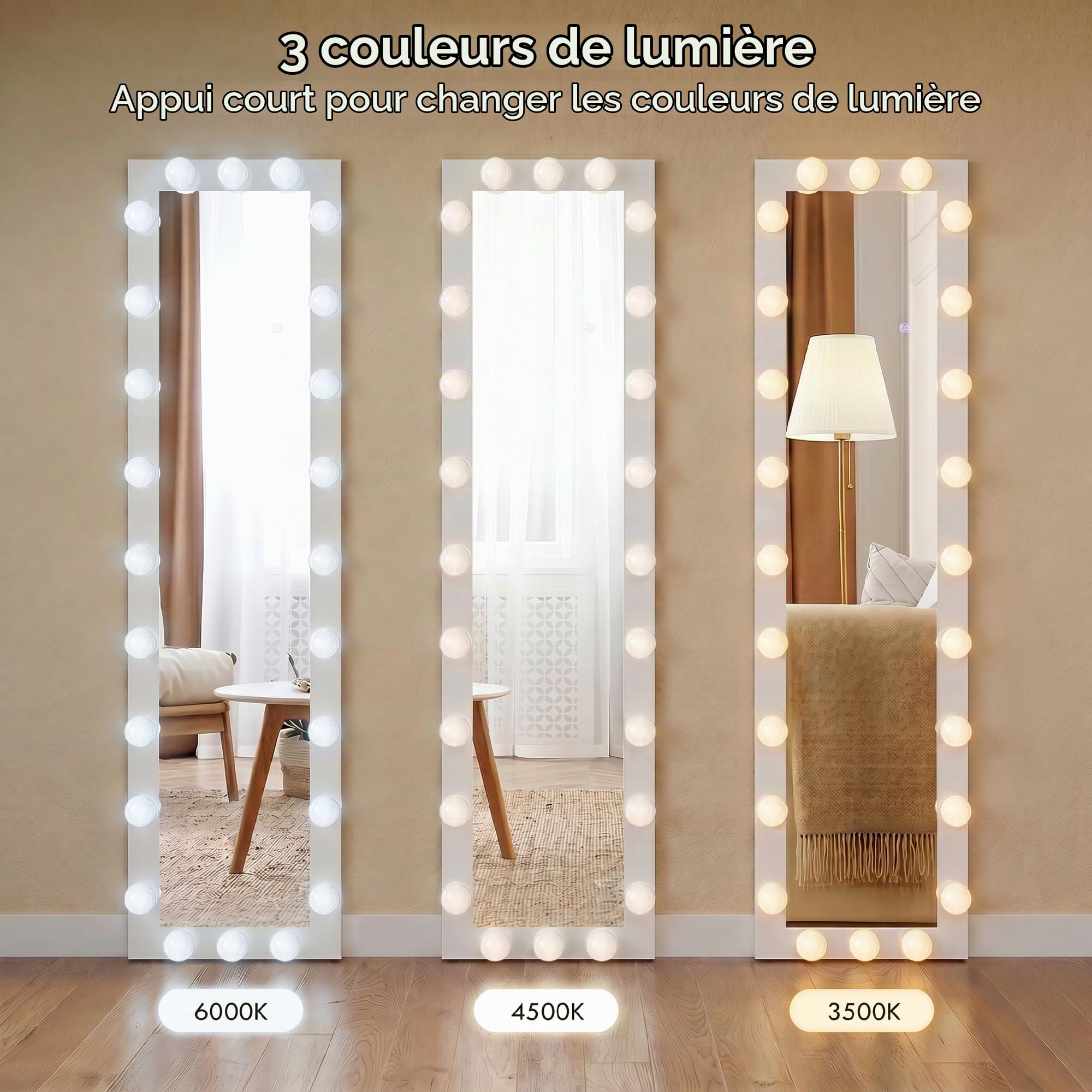 HOMCOM Miroir sur pied LED sur toute la longueur, 150 x 40 cm, avec 24 ampoules, 3 couleurs de lumière, à intensité variable, avec interrupteur tactile, fonction mémoire, miroir inclinable, pour