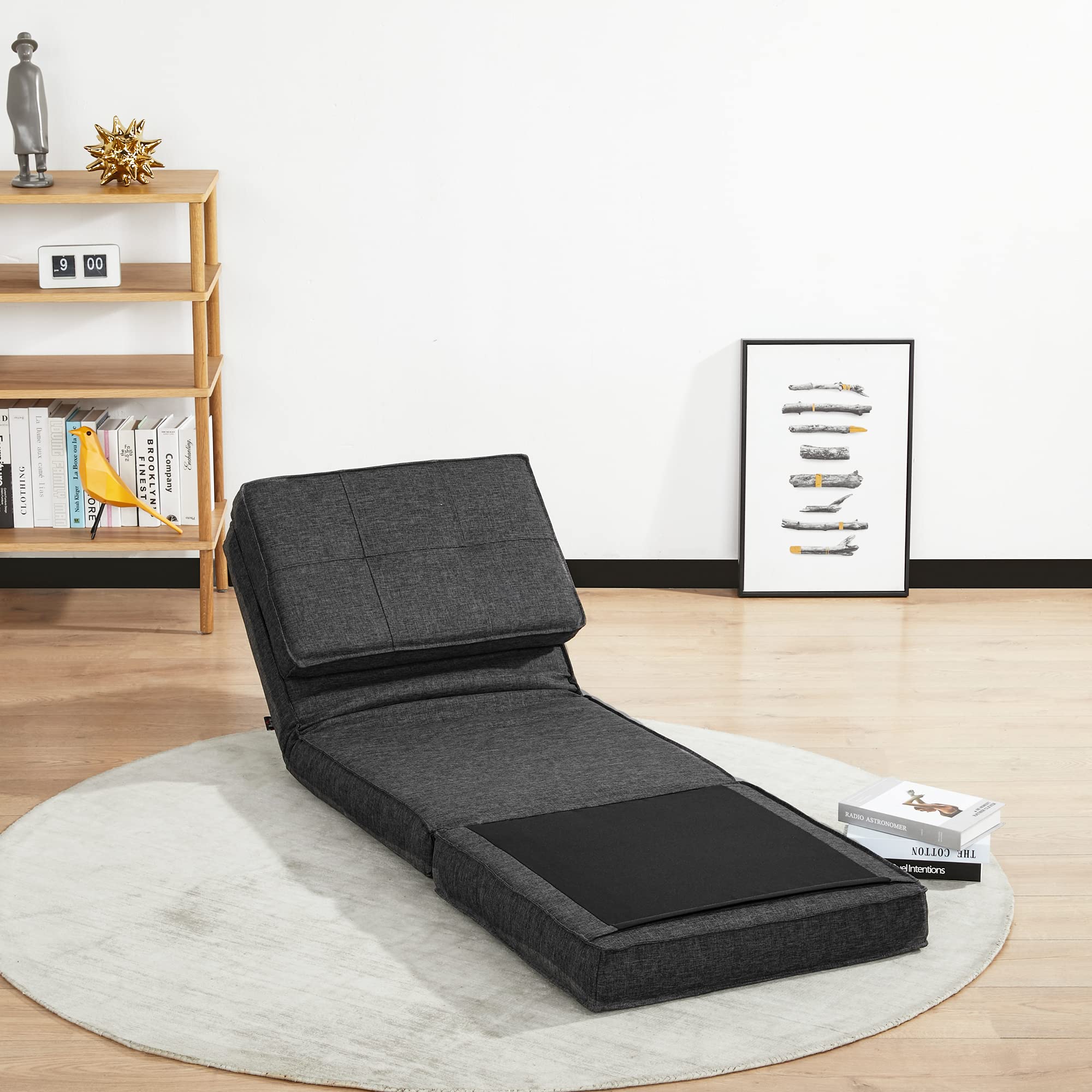 HOMCOM Chauffeuse Fauteuil Convertible Matelas d'Appoint Pliant Gris | Inclinaison Dossier réglable 5 Positions, Tissu Polyester, Aspect Lin