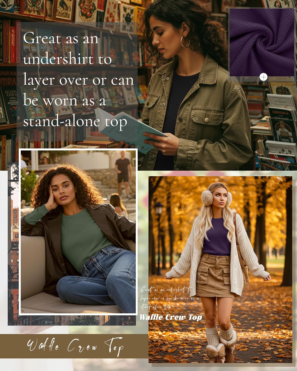 3 Pack Women's Waffle Knit Long Sleeve Shirts, Crew Neck Slim Fit Thermal Tops Casual Stretch Basic Pullover - Image 4