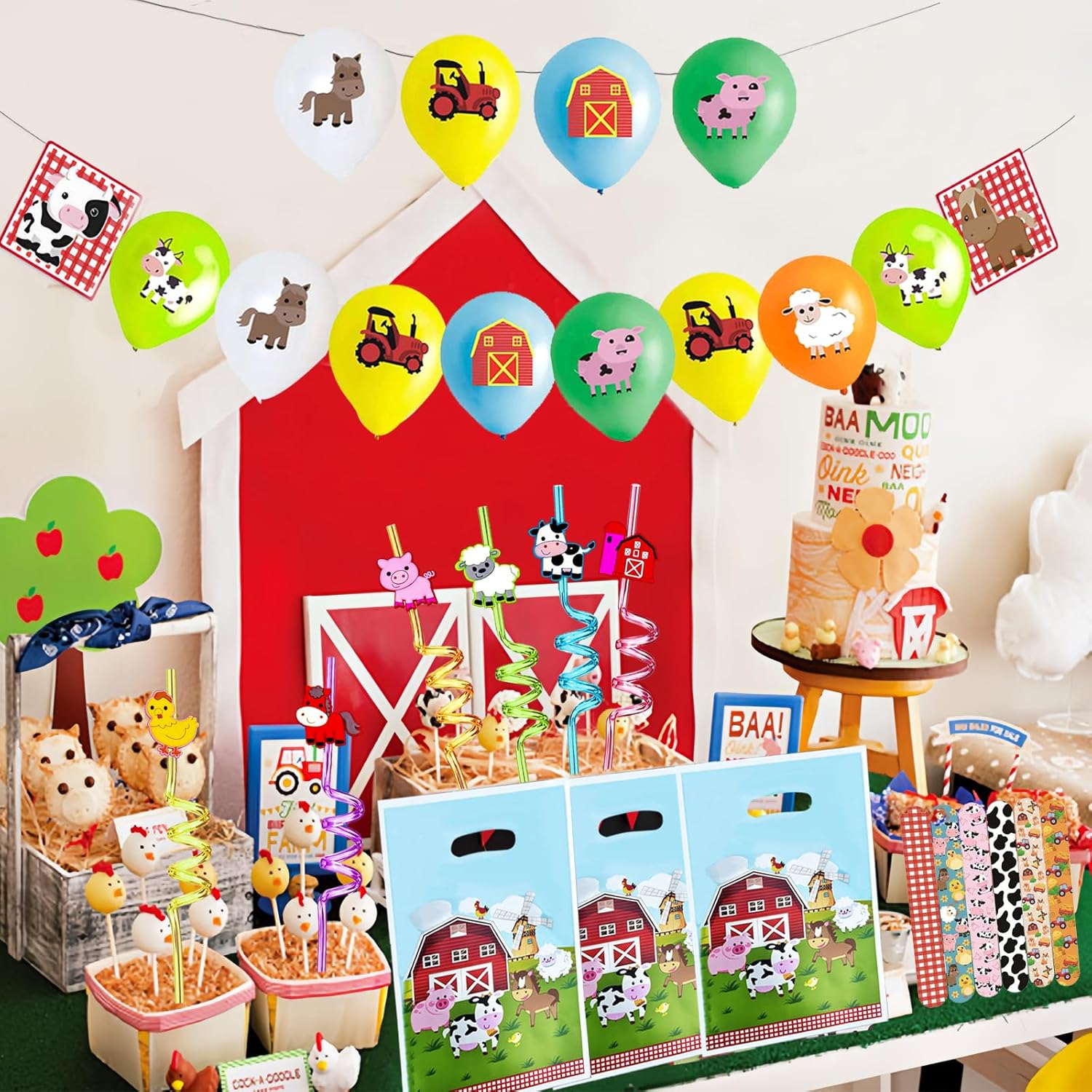 Farm Animals Party Favors Set 84 PCS Barnyard Animals Slap Bracelets Gift Bags DIY Stickers Drinking Straws Party Balloon Plastic Figures Suitable for Farm Animal Party Farm Birthday Decoration - Image 4