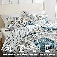 Vista 3 de DURLENGEN - Juego de edredón de algodón 100% patchwork beige y azul, reversible bohemio con patrón de hojas y flores en blanco, juegos de cubrecama