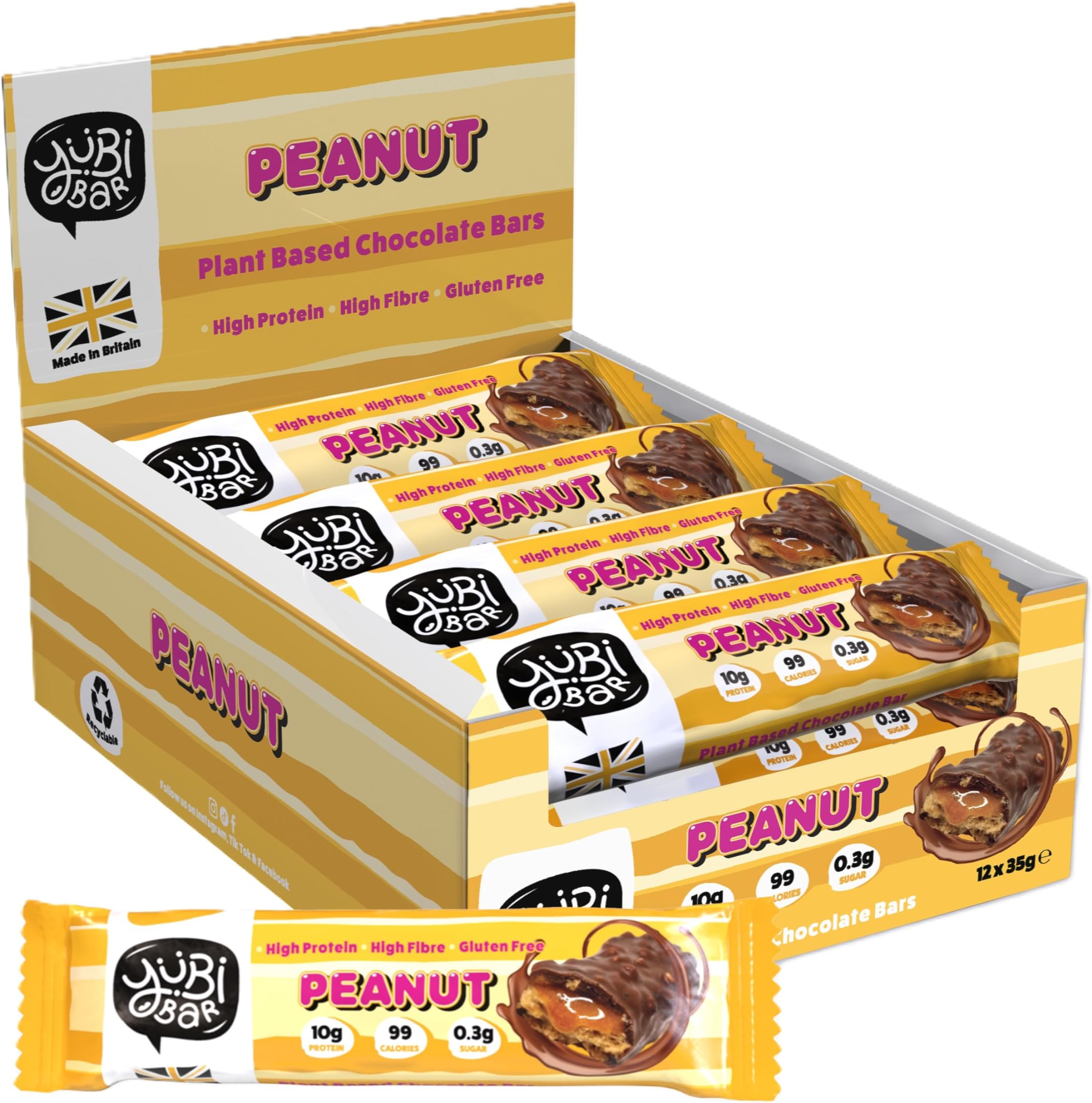 YuBi Peanut - 12 Pack - Protein Bars - 99 Calories, High Protein, High Fibre, Low Sugar, Gluten Free and Dairy Free - Healthy Snacks/Nutrition Bar - Chocolate Bars - 420g