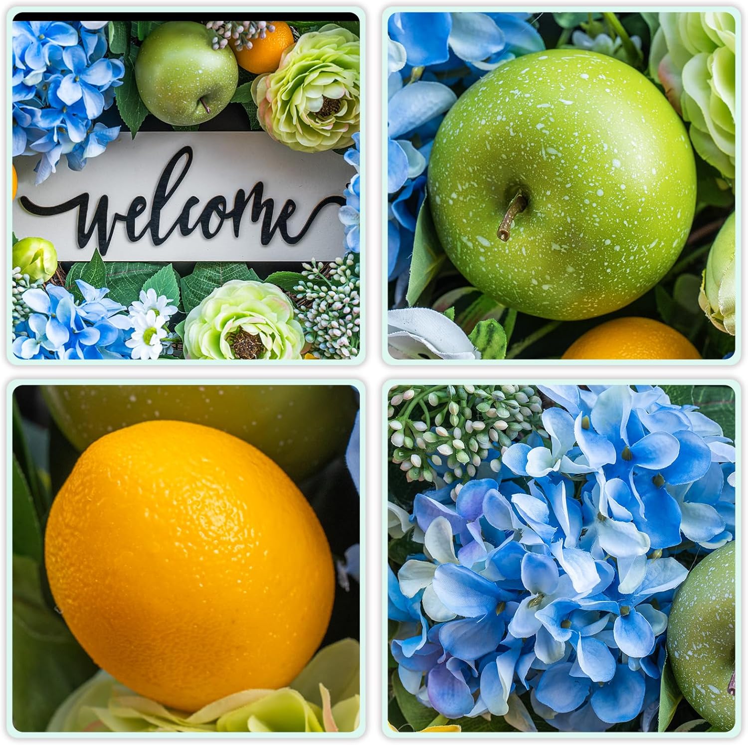 Spring Wreath for Front Door, Blue Spring and Summer Wreath with Hydrangea, Apple & Lemon, Peony Flowers and Greenery, Spring Door Wreath for Indoor Outdoor Decor