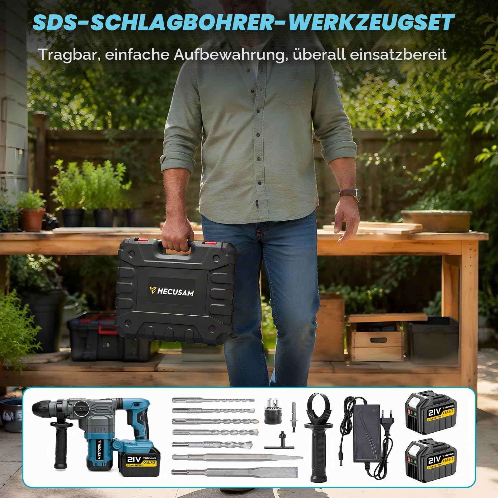 8J SDS Plus Akku Bohrhammer, 0-3000U/Min Bürstenlos, Schlagbohrmaschine mit 2×4.5Ah Akku (Kompatibel mit Makita 18-V-Akkus), Anti-Vibrationsgriff und Sicherheitskupplung für Beton, Renovierung & DIY