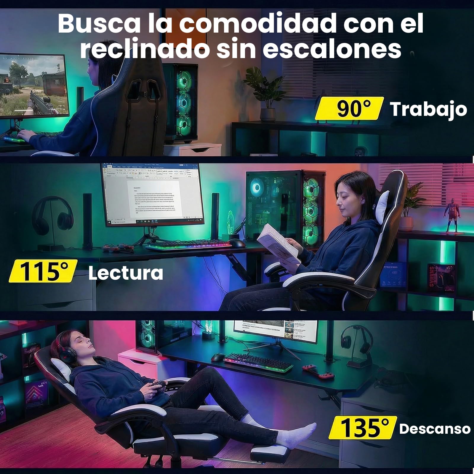Silla de oficina ergonómica con reposapiés, silla de escritorio hasta 150 kg, silla de juegos de piel PVC, silla ergonómica giratoria para oficina en casa y gamer