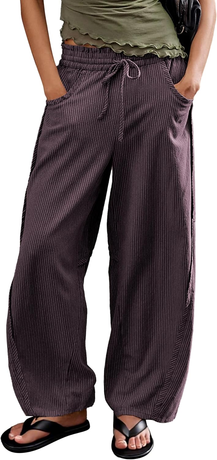 Ziqoty Women's Striped Barrel Pants Drawstring Waist Wide Leg Trousers with Pockets Casual Comfort for Office Lounge Travel