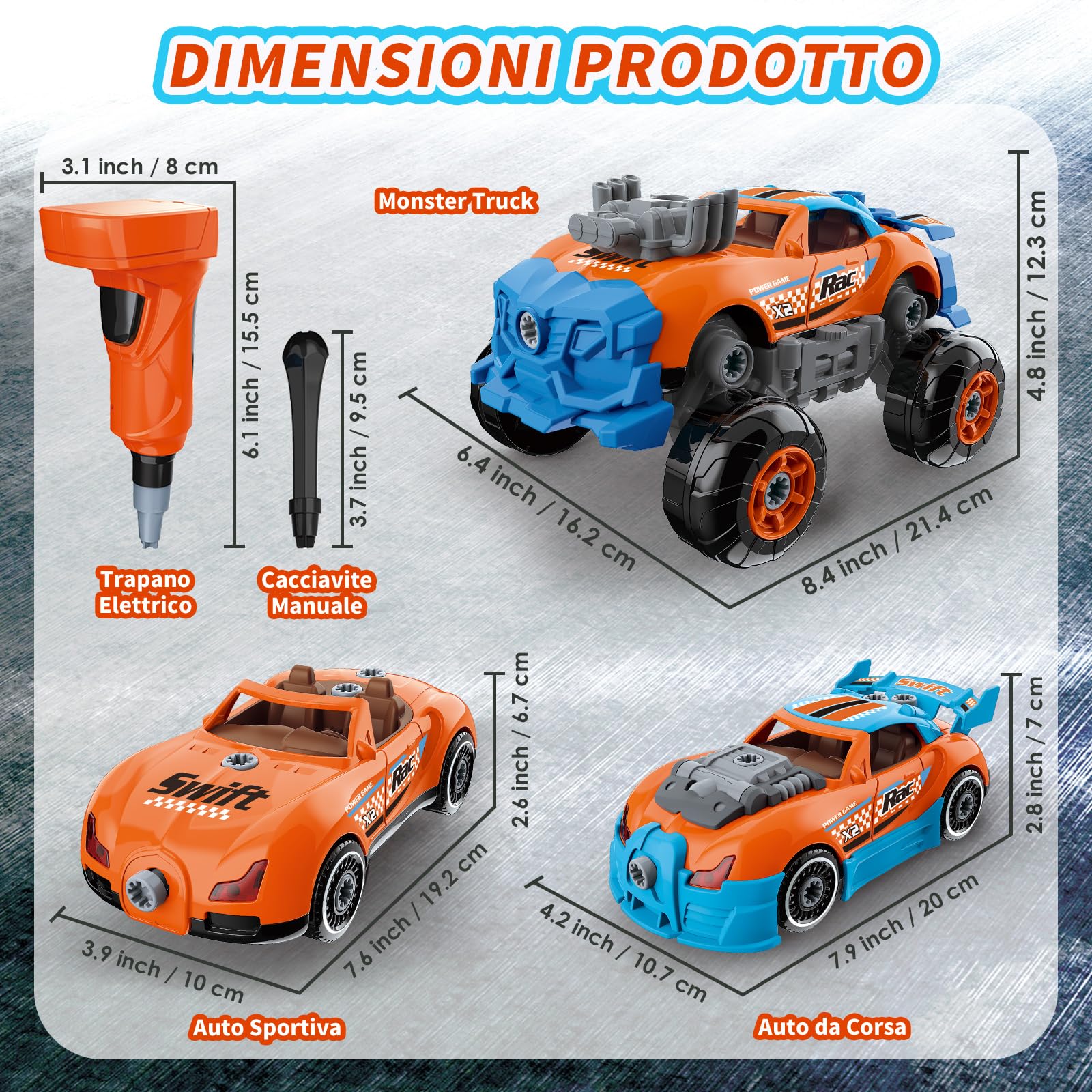 Pup Go Auto 3-in-1 Smontabile per Ragazzi di 3 4 5 6 7 8 Anni, 43 Pezzi con Trapano Elettrico, Giocattolo Camion da Costruzione, Costruisci la Tua Auto, Regalo Giochi Ideale per Bambini (Arancione)