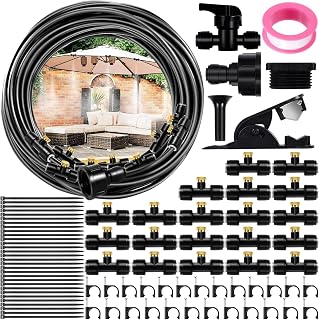 103PCS Kit Nebulizador Terraza, 18M Sistema Nebulización Sistema Riego Automático con 20 Boquilla de Nebulizadora de Latón+ 20 Conector de Boquilla Tobera T, para Giardino, Sombrillas