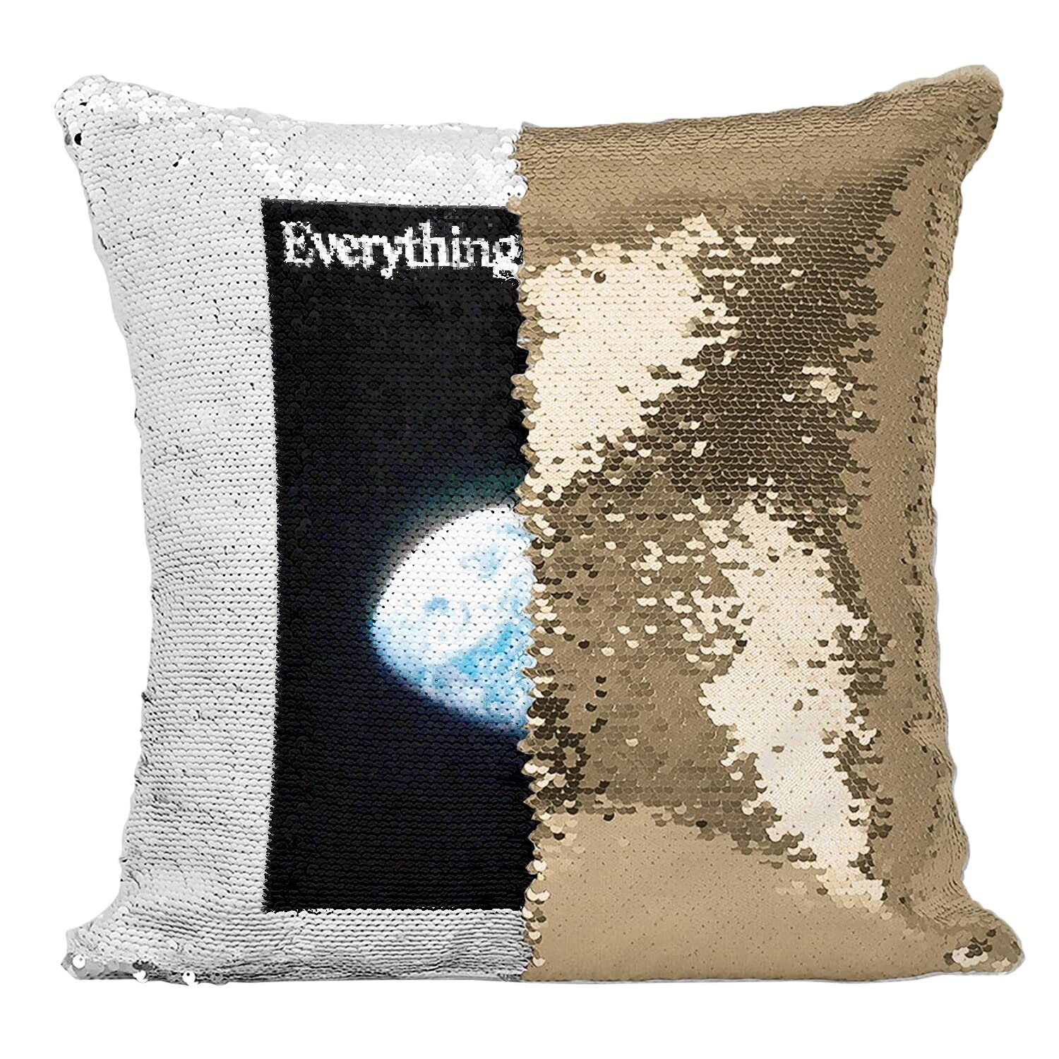 Coussin sequin paillettes doré au design collage vintage et humour Terre