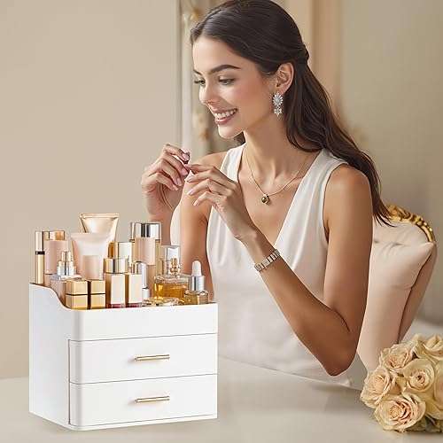 Miniatura 6 de HBlife Organizador de maquillaje para tocador con 2 cajones, organizador grande de cosméticos para encimera de baño, almacenamiento para el cuidado
