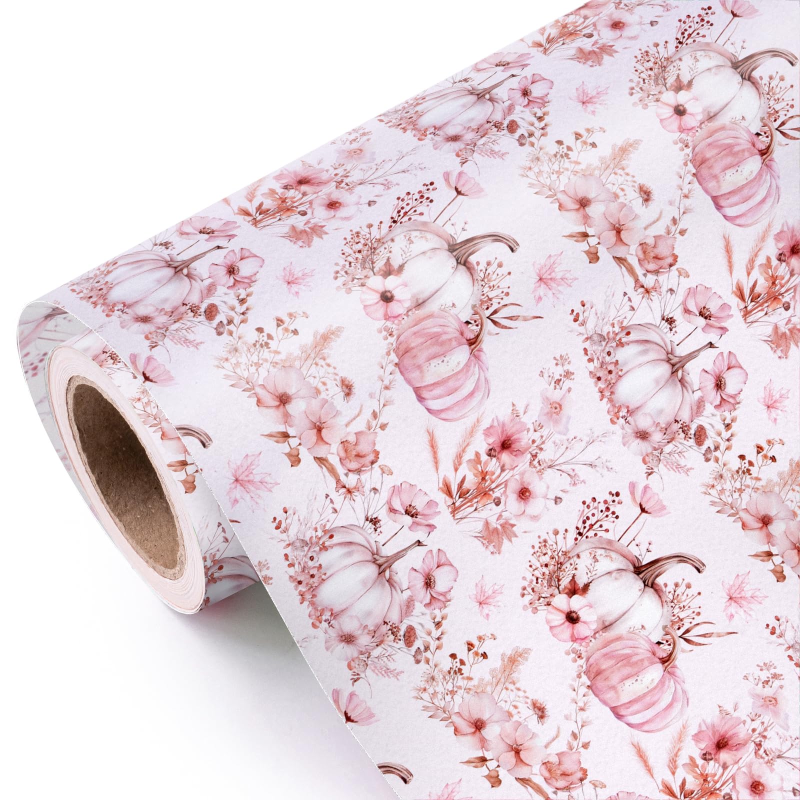 RUSPEPA Fall Wrapping Paper Roll - Mini Roll - 43.2cm x 5m - Elegant Pink Floral Pumpkin Wrapping Paper for Women Girls Birthday, Autumn, Thanksgiving, Party, Holiday