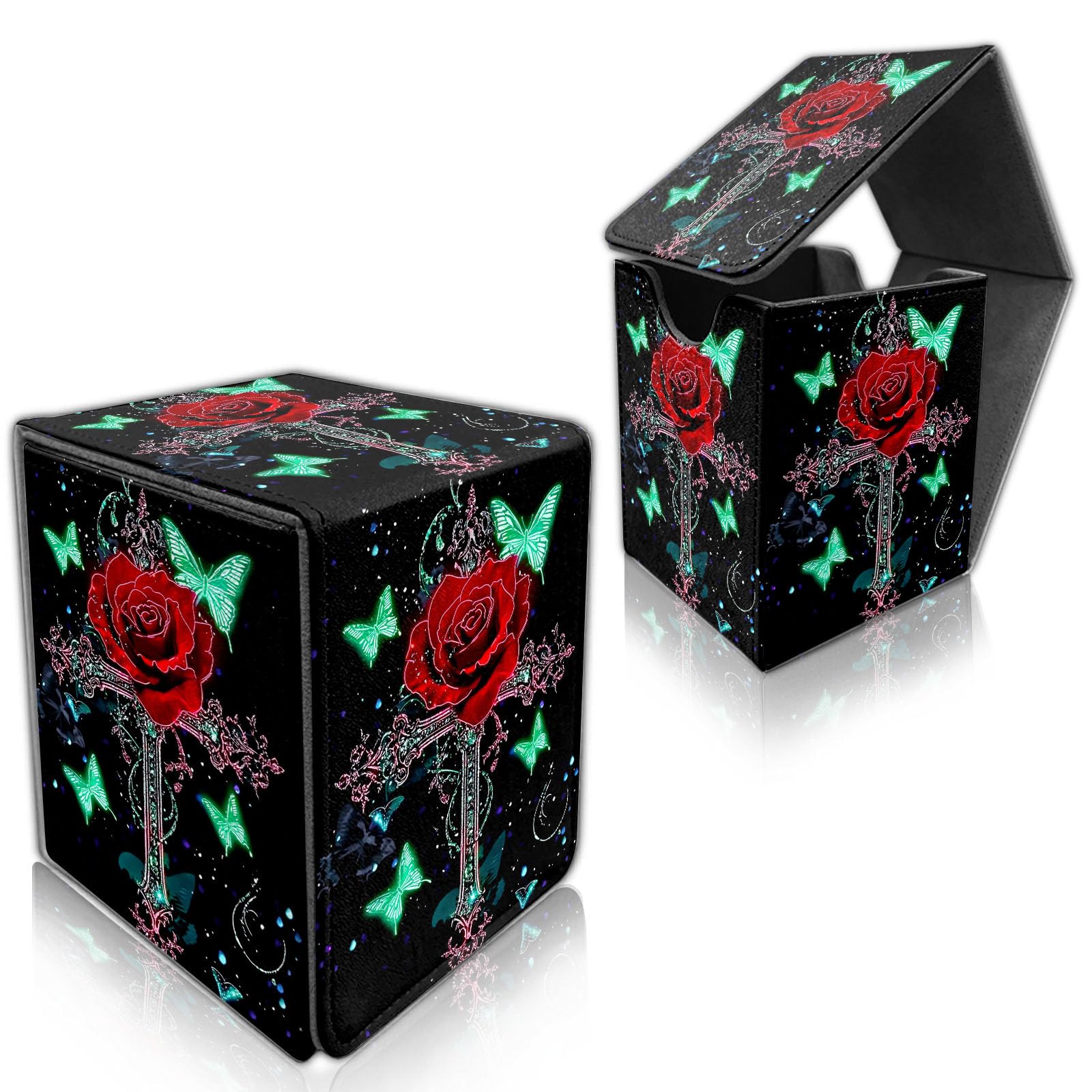DISUOFEART for MTG Deck Box, Trading Card Storage Case Holds 100+ Sleeved Cards, Cross and Butterfly Rose Magnetic Closure Durable Deck Holder for Magic The Gathering, TCG & Commander