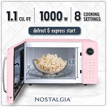 Nostalgia Retro 1000W Microwave Oven 1.1 Cu Ft Capacity Child Safety Lock, 8 Auto-Cook Settings Countertop Kitchen Appliance Pink