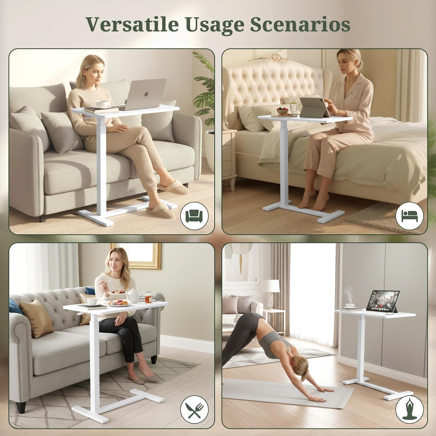 Mobile Standing Desk, Adjustable Height Desk with Hidden Casters, Portable Laptop Computer Table with Rolling Wheels, for Sit Stand Workstation, Compact and Sturdy for Home, Office, Dorm, White