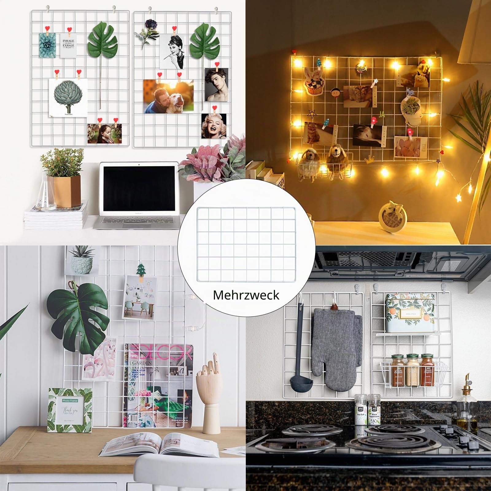 4-teiliges Wandgitter (mit Zubehör) Gitter-Pinnwand Fotogitter, Memotafel und Fotowand, dekoratives Metallgitter für Büro, Küche, Zimmer und mehr. (Weiß)