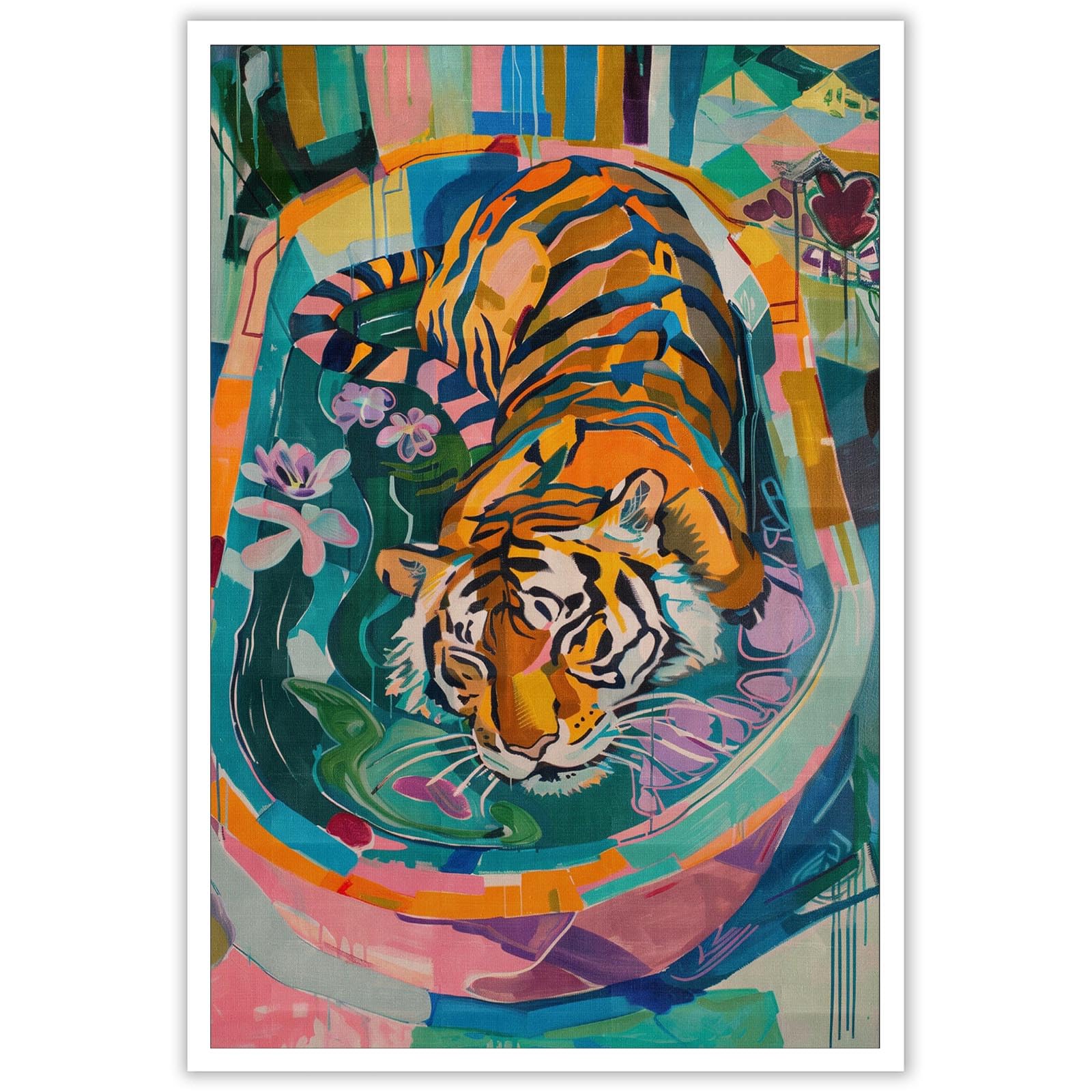 WCLXISC Vintage Bathroom Posters Eclectic Tiger Bathtub Wall Art Humor Animal Pictures Wall Decor Abstract Canvas Print for Apartment Bedroom Living Room Decor Trendy Poster 12x16inch Unframed