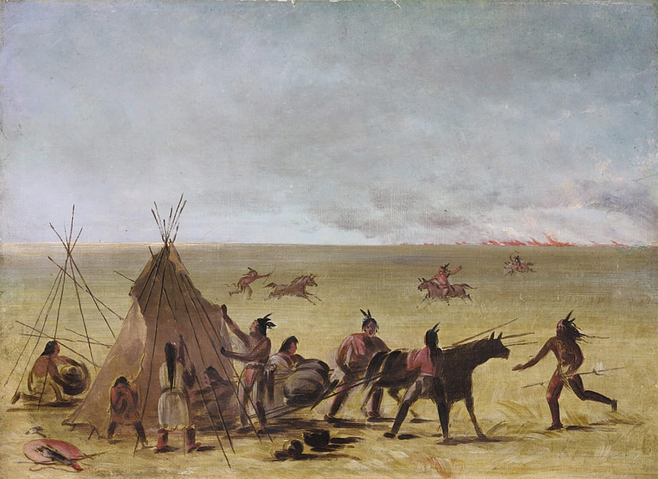 ARTXLXXBN Famous Painting Canvas Artwork Graffiti Print Indian Family Alarmed At the Approach of a Prairie Fire by George Catlin Portrait Canvas Image for Home Decor 60x90cm