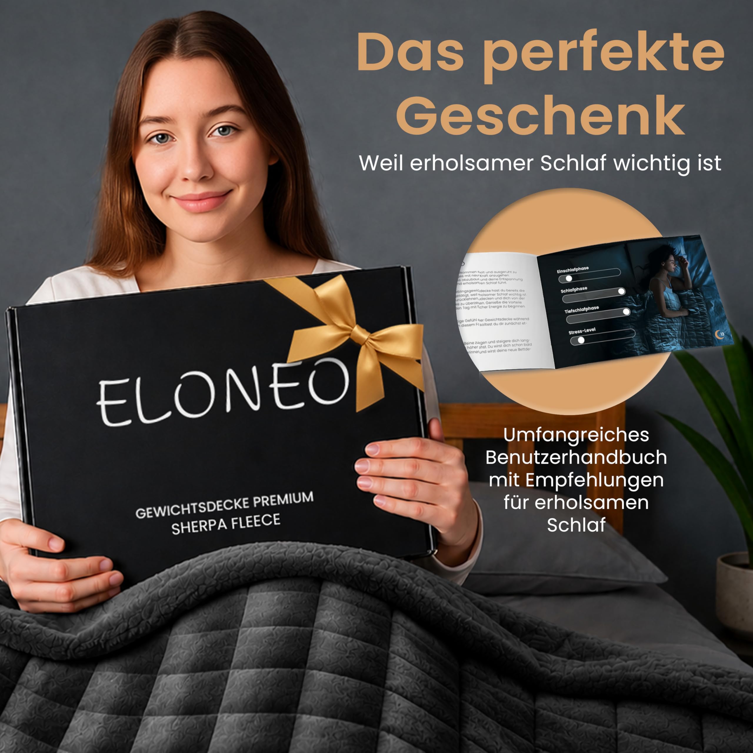 ELONEO Sherpa Fleece Gewichtsdecke 135x200 cm 7 kg Oeko-Tex Zertifiziert Weighted Blanket schwarz