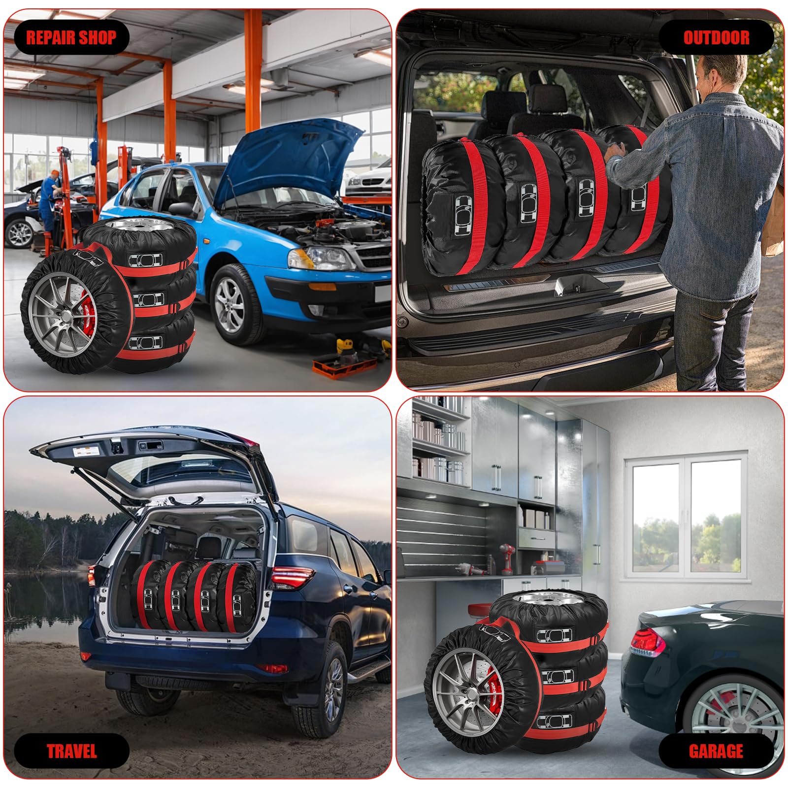 4 Pezzi Borsa Pneumatici Auto, 18-22" Copertura per Pneumatici di Ricambio Auto Copri Gomme Ruota Coperture, Impermeabili Antipolvere con Manico, Nero