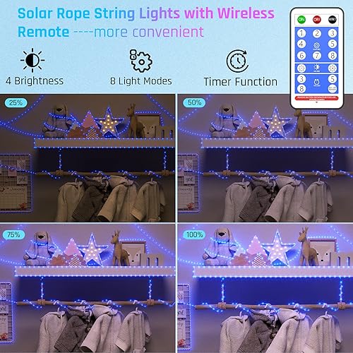 Miniatura 2 de Cuerda de luces solares impermeables para exteriores, 72 pies, 200 luces LED solares para exteriores con control remoto, luces solares de tubo solar