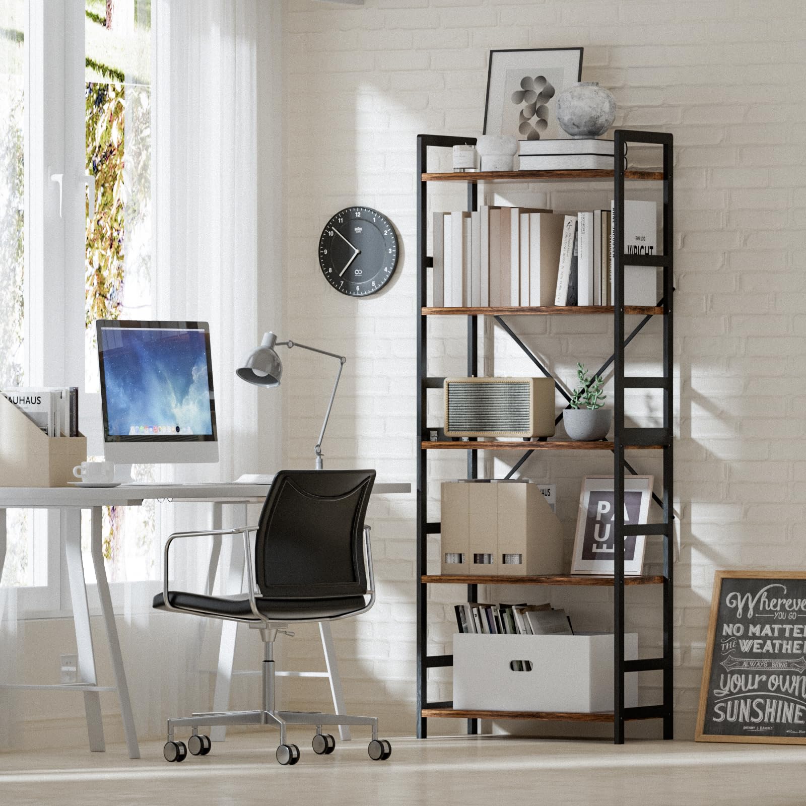 Scaffale Libreria A 5 Ripiani WOLTU 60x27.5x160cm - Metallo E Legno, Bianco+Rovere Chiaro, Per Casa/Ufficio - Foto 2