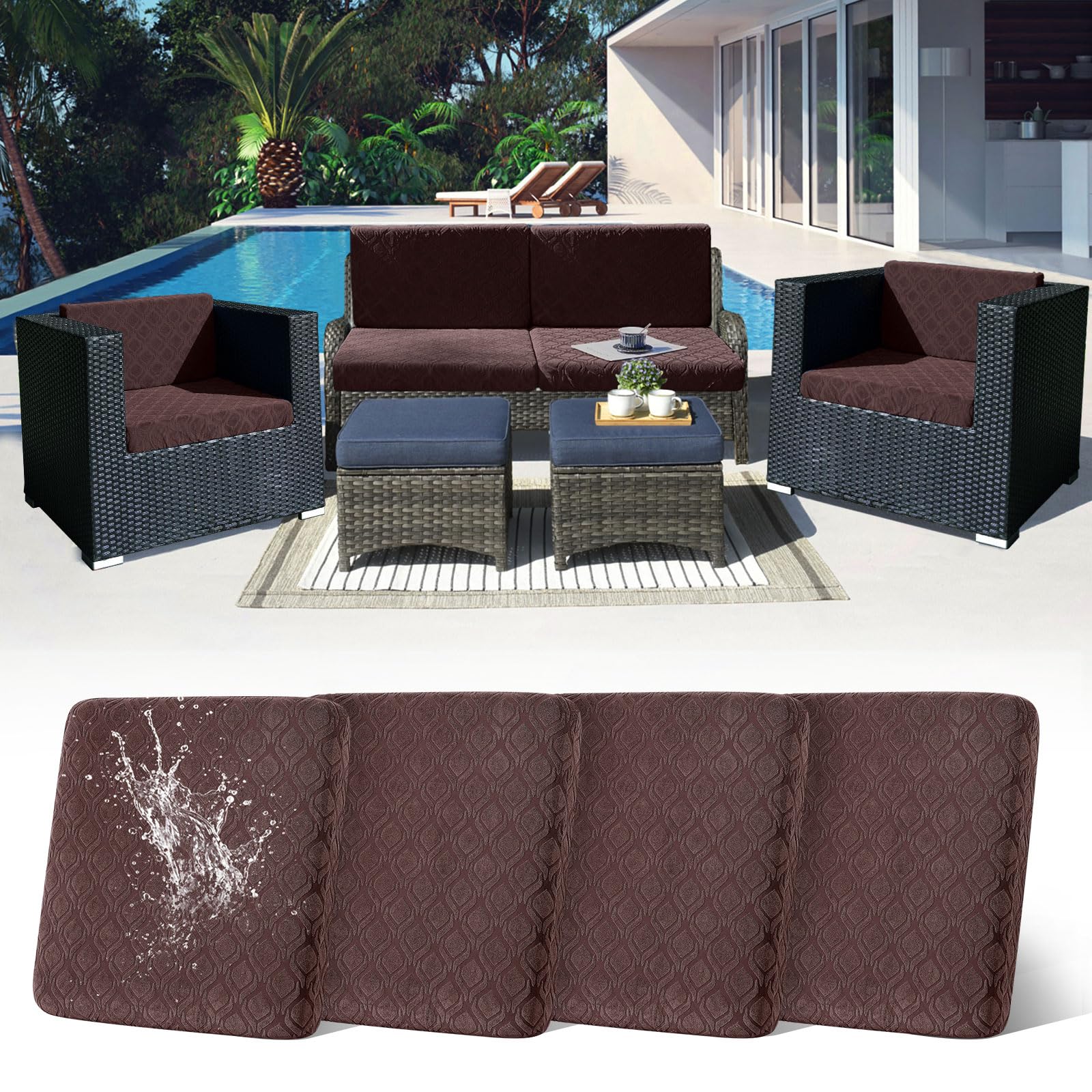 LiveGo Patio Stretch Sofa Cushion Cover Outdoor Cushion Cover Replacement Patio Furniture Cushions Couch Slipcovers Chair Seat Cover Soft Flexibility Protector (4, Coffee) — image 1