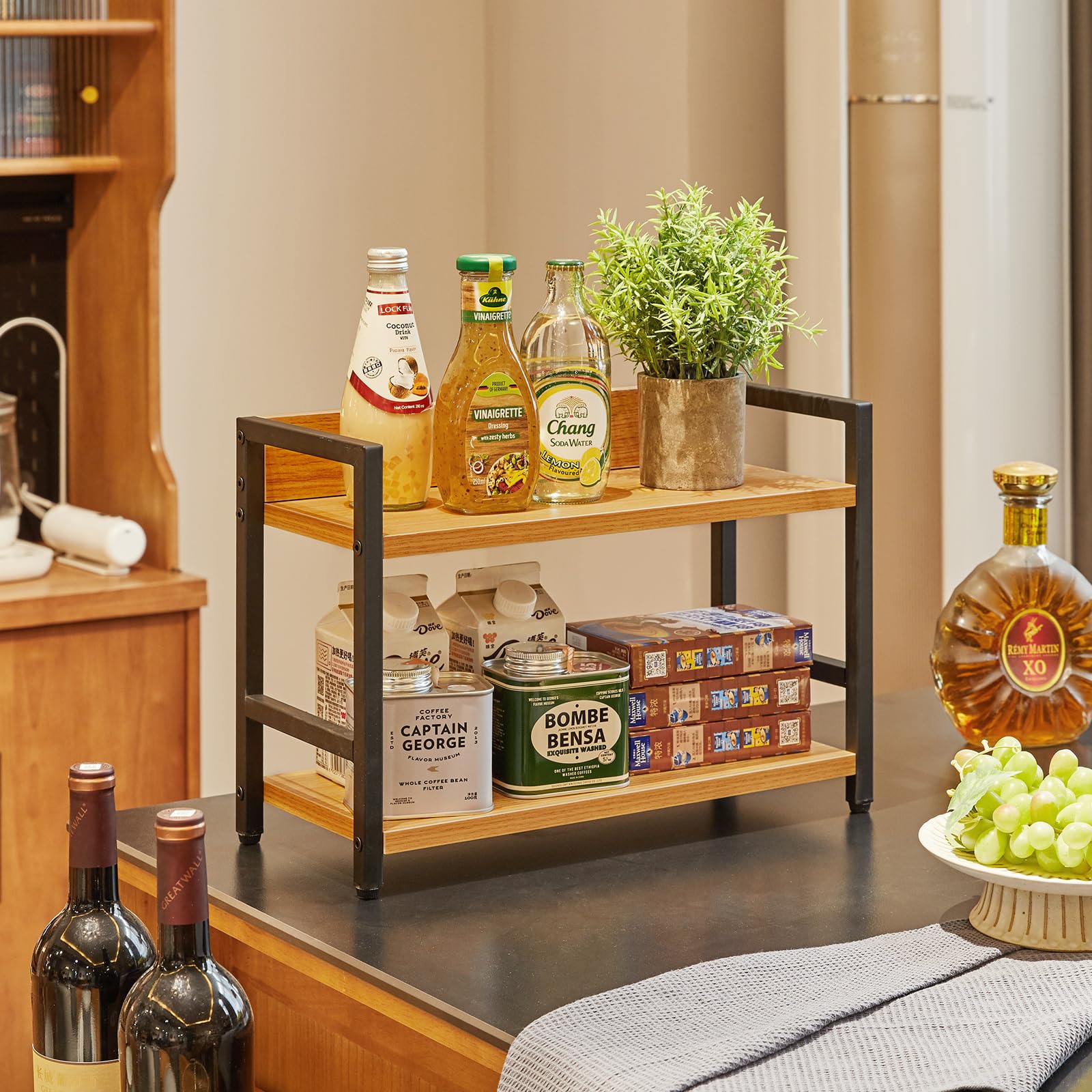 IBUYKE Étagère à épices,Rangement Cuisine à 2 niveaux,Natürlich TLJ002N | Rangement Epices cuisine Organisateur de bureau Pieds Réglables pour Salle à manger Bureau