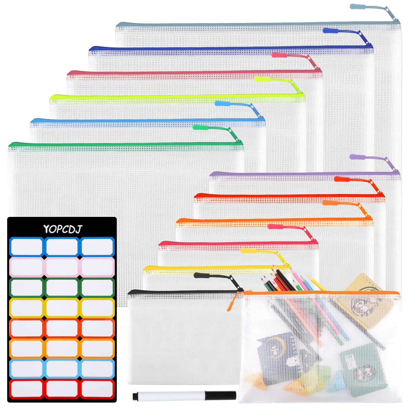 YOPCDJ 12 Mesh Zipper Pouch Bags - 12 Color, 8 Size Classroom Must-Have Storage Solution for School, Board Games, and Office Supplies