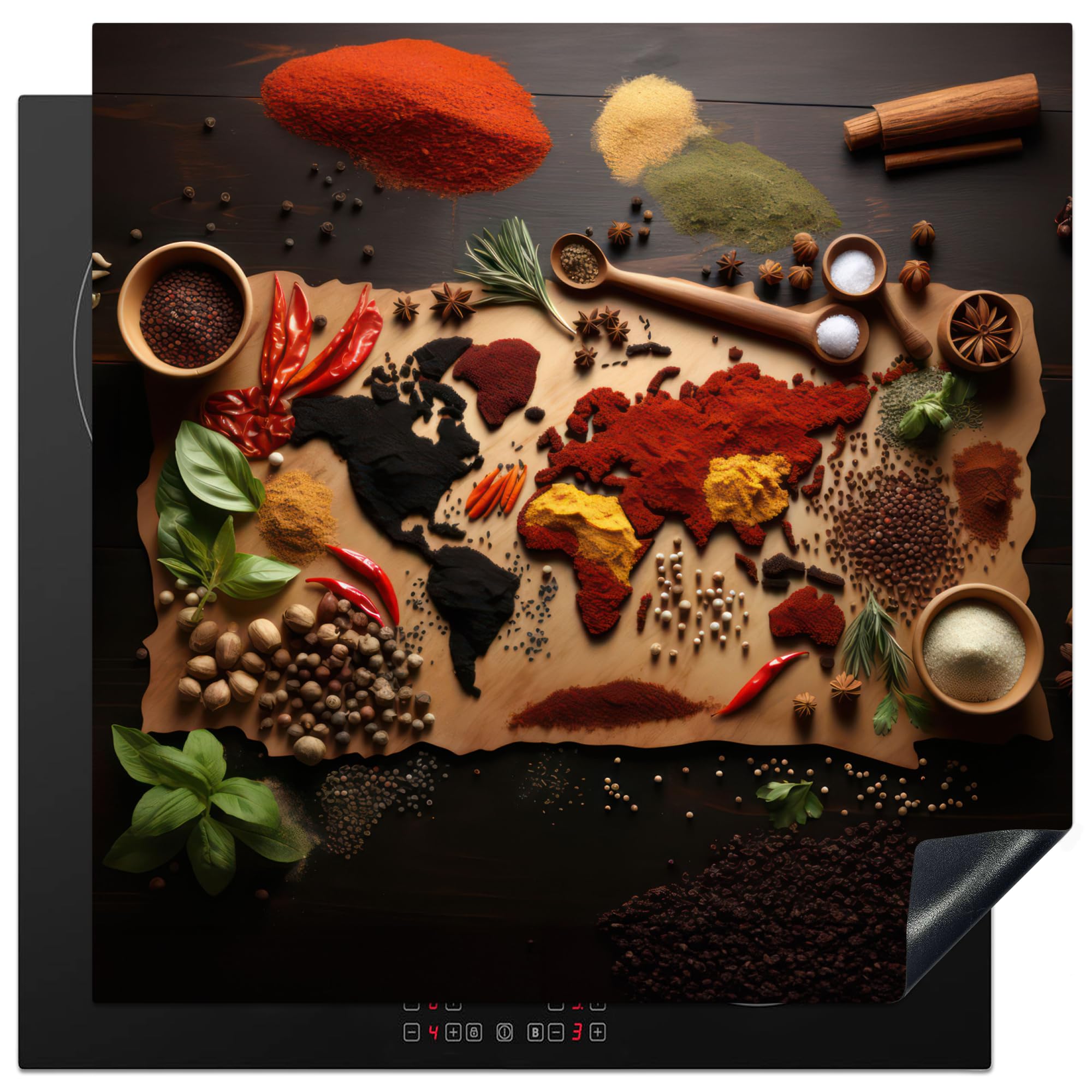 KitchenYeah© Induction Hob Protector Mat 30.7"x30.7" / 78x78 cm Stove Cap Top Cover Kitchen Cooker Covers for Electric Hobs Vinyl Herbs - Spices - World Map - Brown - Spoon - Colourful — image 1