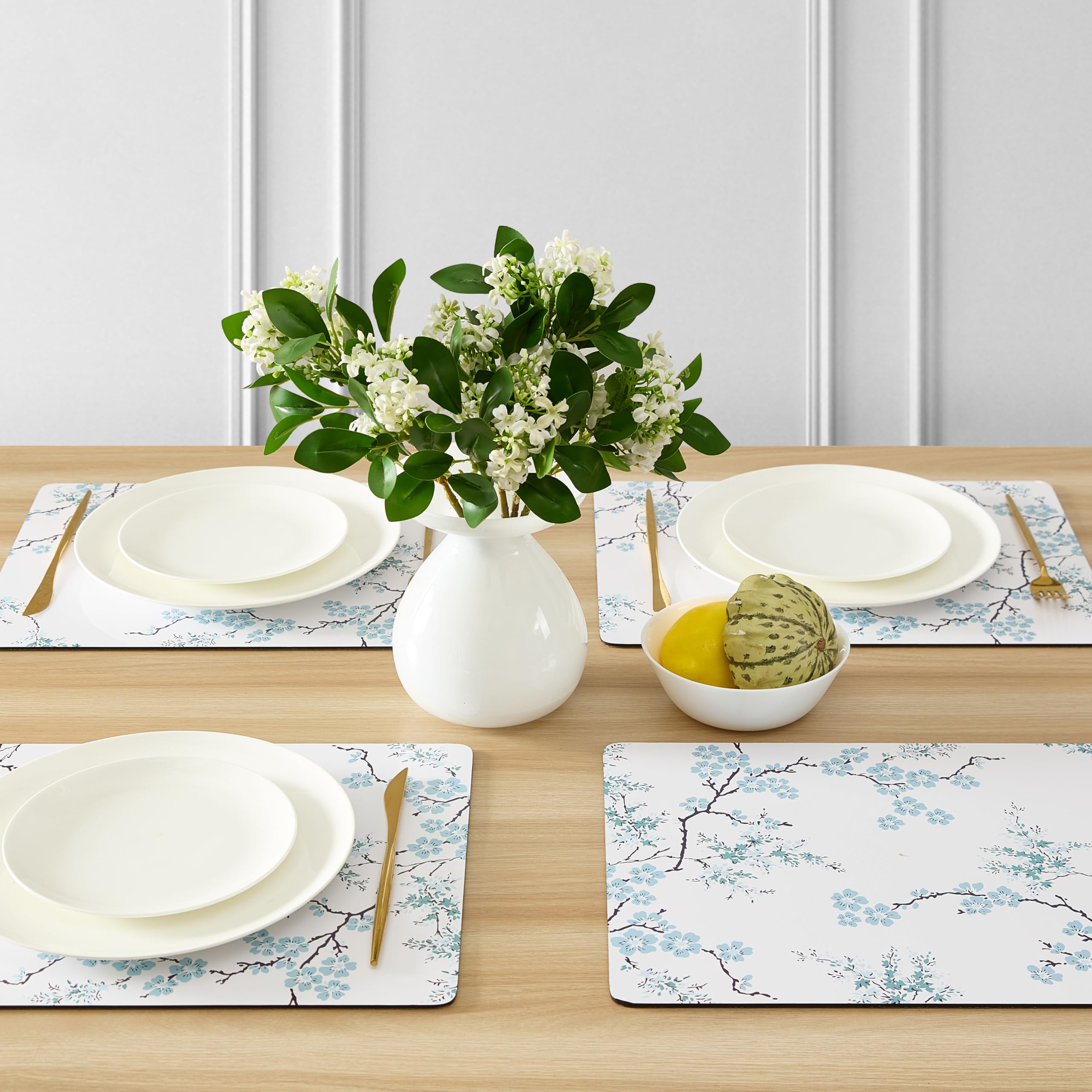 Laura Ashley Cork Placemats 16 x 12-inch for Kitchen and Dining Tables, Heat Resistant, Durable, Easy Clean, Set of 4, Oriental Blossom