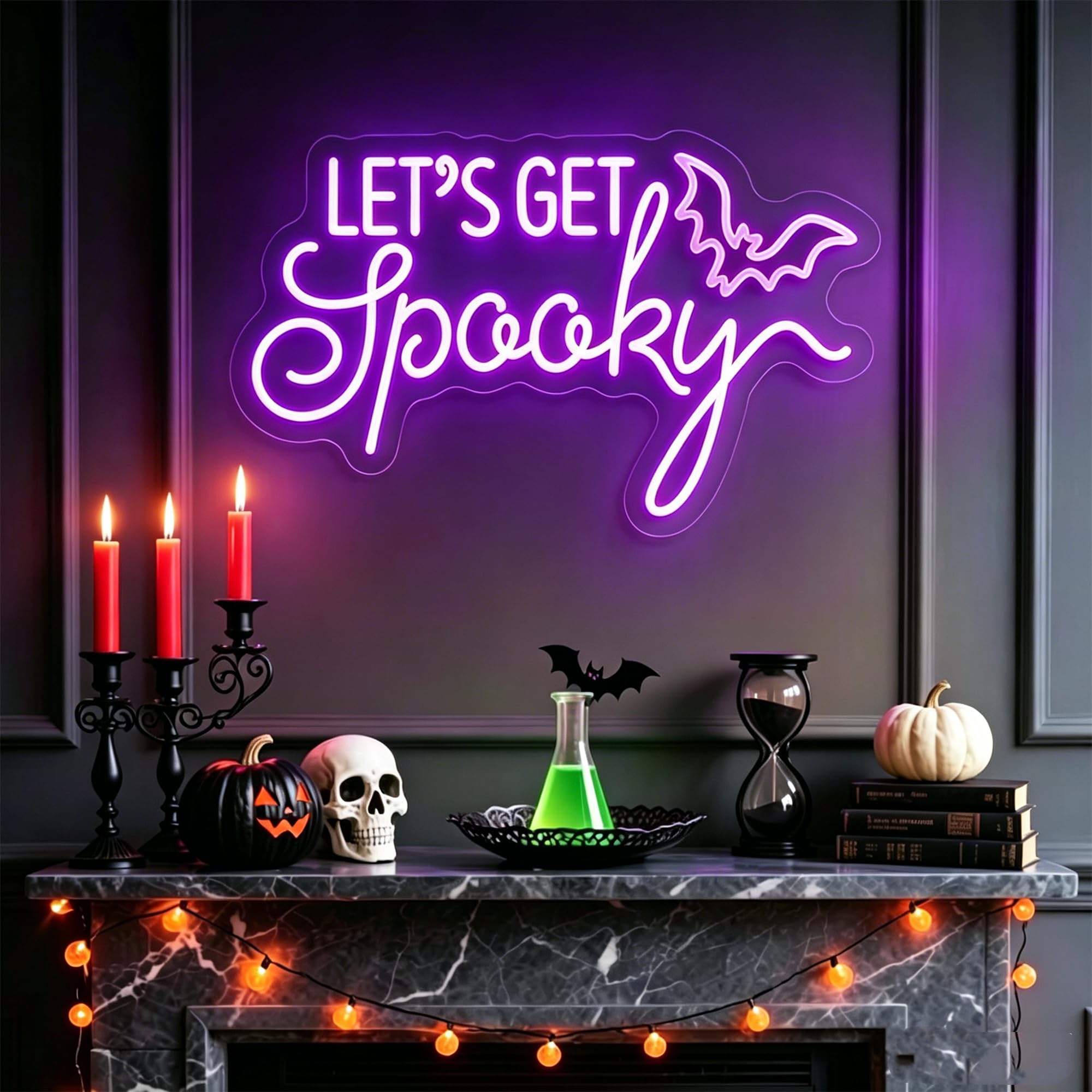 Let's Get Spooky Neon Sign Custom Halloween Signs with Bat, Dimmable LED Spooky Light Signs for Wall Decor Halloween Party, Gothic Room, Bar, Bedroom, Fireplace