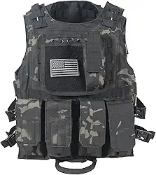 Colete tático Airsoft com emblema da bandeira dos EUA Molle PALS e 4 bolsas Mag, Multicam preto, Small-Large