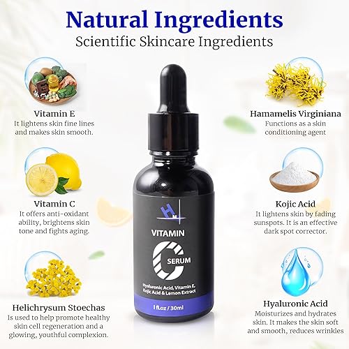 Miniatura 2 de HM - Suero de vitamina C con ácido hialurónico, vitamina E y ácido kójico, antienvejecimiento, acondicionador de la piel, iluminador, hidratante e