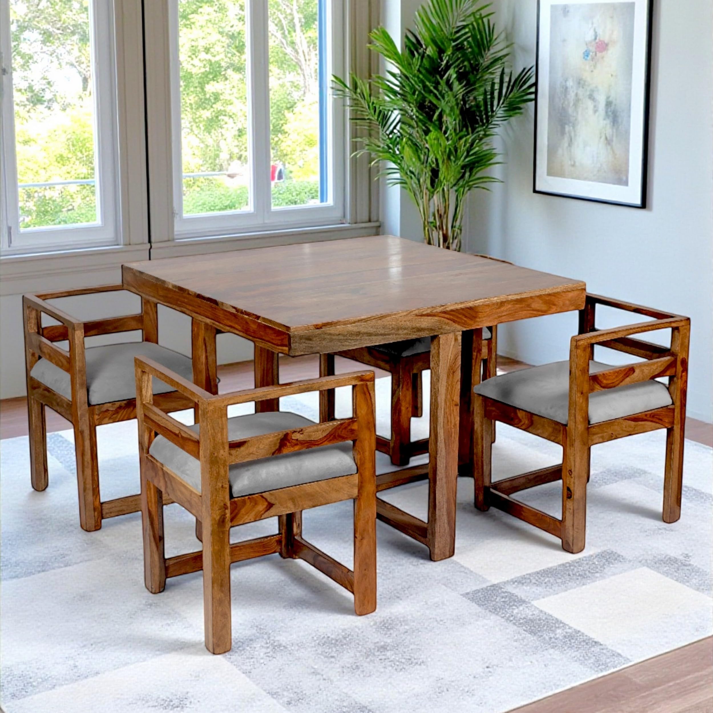 Ikiriya Kingston Sheesham Wood Accent 4 Seater Dining Table Set with Teak Finish & Iron Grey Velvet Cushioning for Dining Room | Home | CAF | Resort | Hotel-image-30